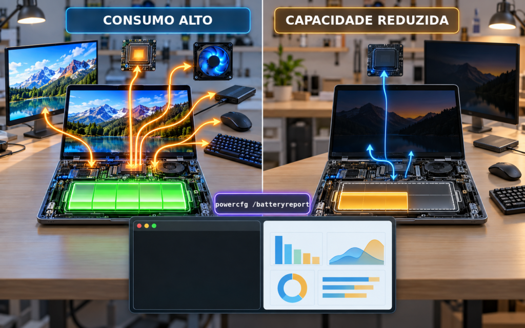 Diferença entre consumo elevado do sistema e redução da capacidade da bateria do notebook.