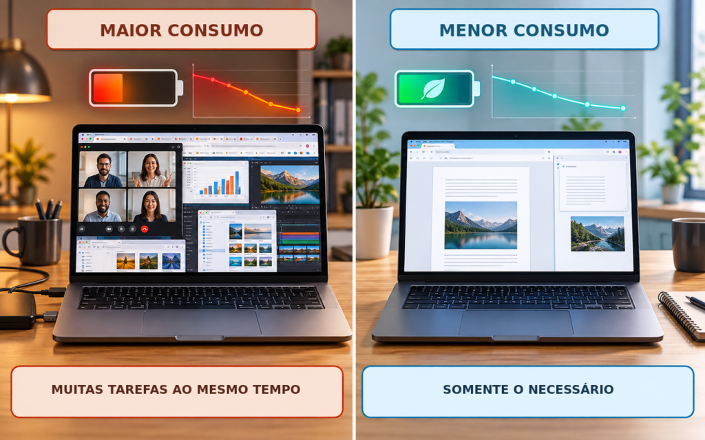 Comparação entre notebook com muitas tarefas abertas e outro configurado para consumir menos bateria.