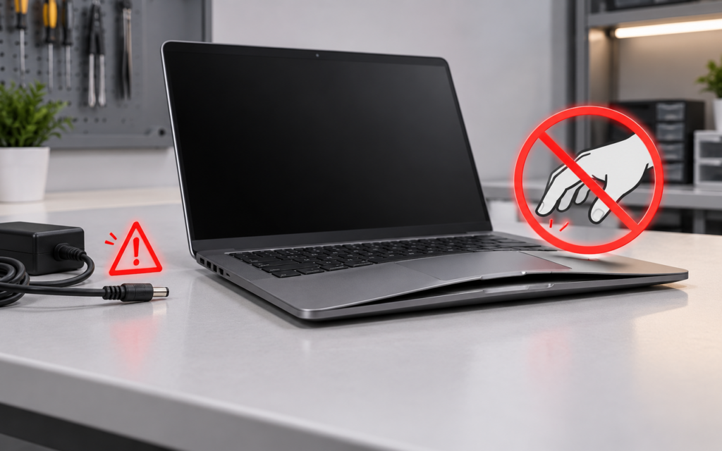 Notebook com sinais de bateria inchada, carregador desconectado e aviso para não pressionar o equipamento.