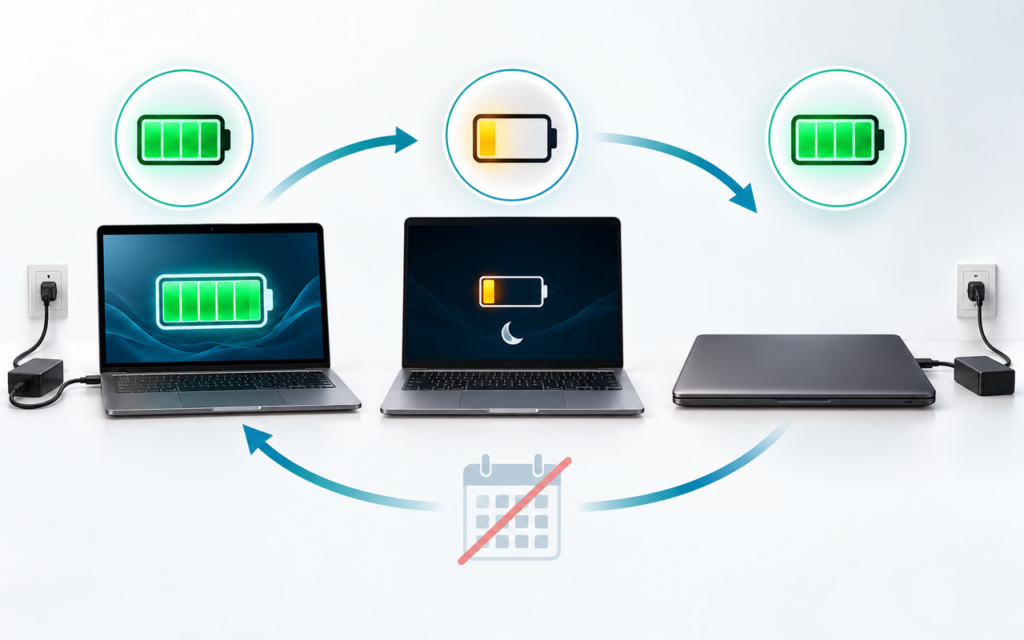 Sequência visual de carga completa, uso até o nível crítico e recarga contínua da bateria do notebook