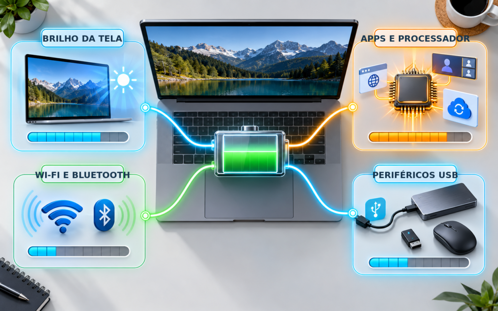 Brilho, aplicativos, conexões sem fio e periféricos consumindo energia da bateria do notebook.