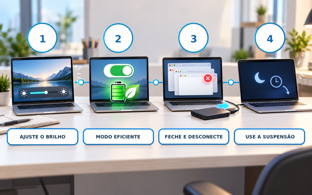 Quatro etapas para reduzir o consumo de bateria do notebook durante o trabalho.